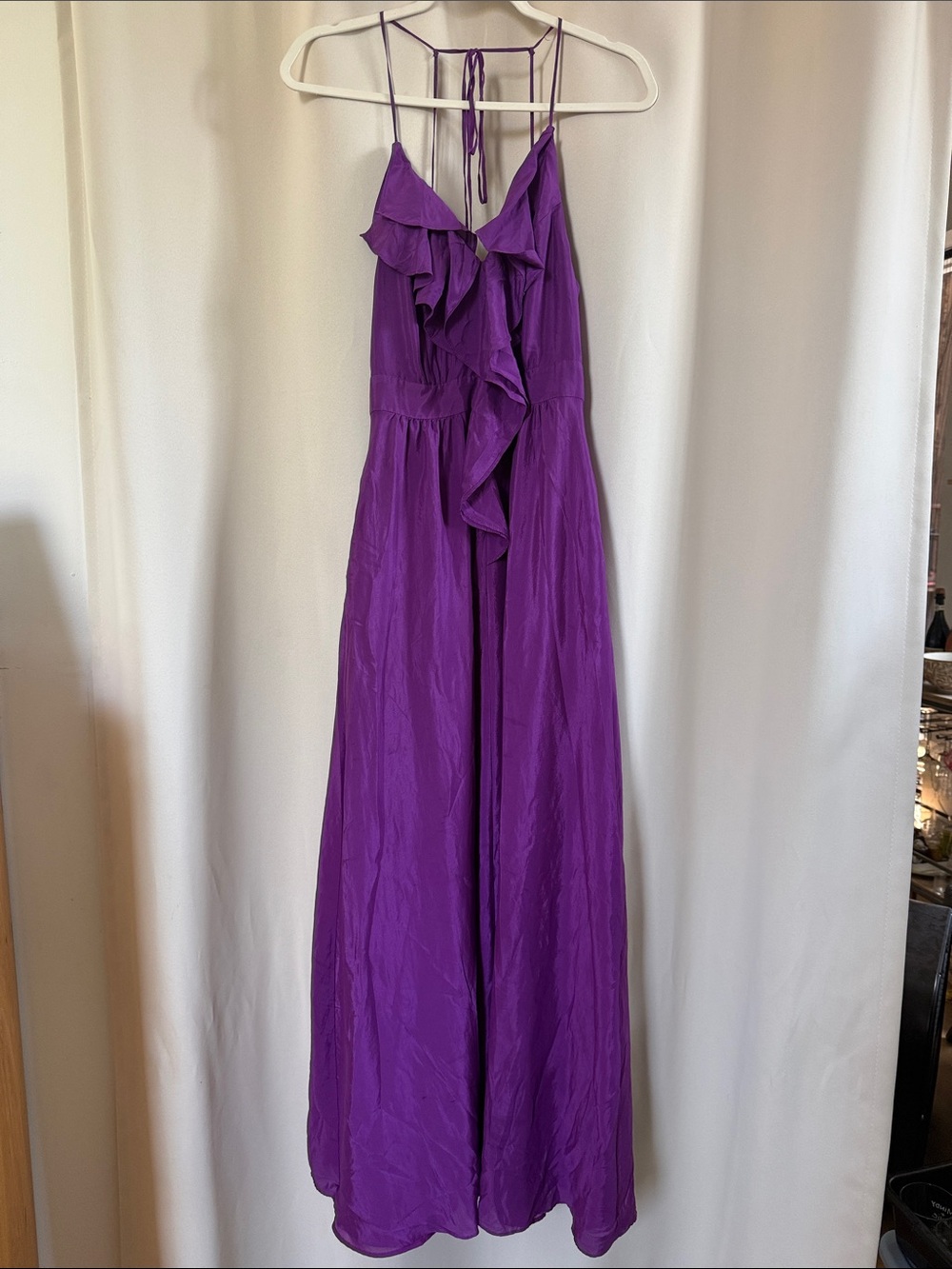 BCBGeneration Purple Ruffle-Front Spaghetti Strap Maxi Dress